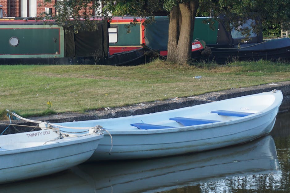 A small, empty white rowing boat with blue seats floats on a calm water surface, with its bow partially visible in the foreground. The boat's exterior appears smooth and slightly glossy, reflecting the surrounding environment. It is secured by ropes tied to the side, and the interior shows three evenly spaced blue seats. In the background, there is a grassy area with a large tree, whose trunk and branches extend upward and outward. Behind the tree, a series of narrowboats or canal boats are moored, painted in shades of green and black with some red accents, featuring flat roofs and small portholes. The scene suggests a tranquil riverside or canal-side setting, possibly associated with private leisure or waterway access, with no active movement or human presence visible. The lighting is natural, indicating daytime, with shadows cast by the boat and tree, contributing to a peaceful outdoor atmosphere typical of a quiet waterway environment.