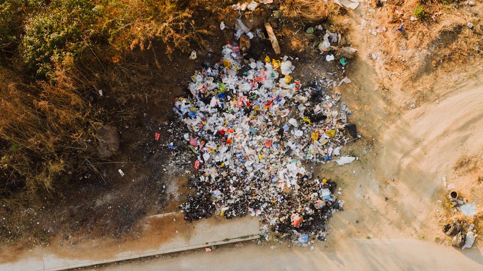 An aerial view of a small, irregularly shaped dump site on bare, reddish-brown soil, consisting of a large pile of mixed waste materials including plastic bottles, food packaging, paper debris, and disposable containers. The waste appears loosely scattered, with some items overlapping and others spreading out toward the surrounding ground. To the left of the pile, a dense patch of dry, brownish vegetation extends towards the edges of the image, contrasting with the cluttered area. The site is positioned adjacent to a paved pathway or road visible at the bottom right, with a slight curve and clean edges. A small, round drainage pipe protrudes from the ground near the bottom right corner, indicating nearby drainage infrastructure. The lighting is natural, possibly during daytime, casting soft shadows and illuminating the varied textures and colours of the waste, environmental surroundings, and soil surface. This scene reflects private or independent waste disposal practices that may necessitate professional rubbish removal services like those provided by Rubbish Clearance Paddington in managing such unmanaged refuse accumulation.